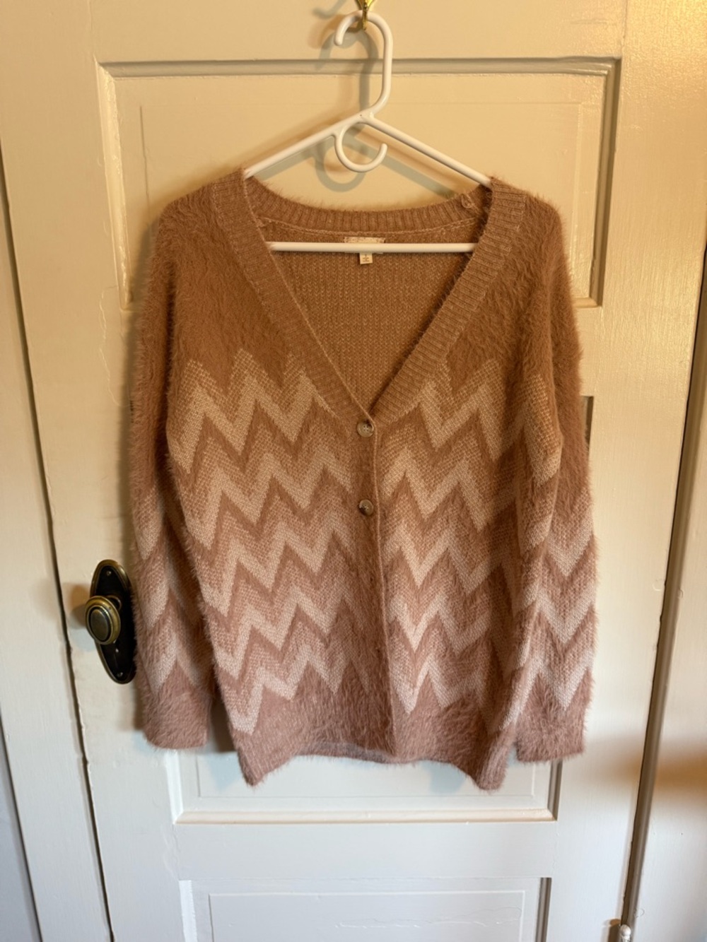 Hem & Thread Chevron Fuzzy Button-Front Cardigan in Blush and Cream